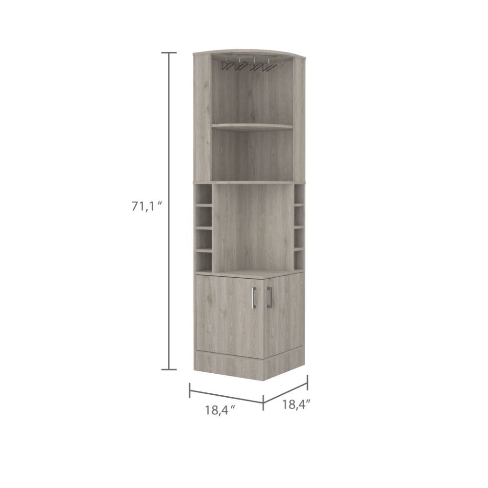 Syrah Corner Bar Cabinet, Eight Bottle Cubbies, Double Door, Two Open Shelves 1 2 Shelves Light Gray Gray Dining Room Open Storage Space Modern Particle Board