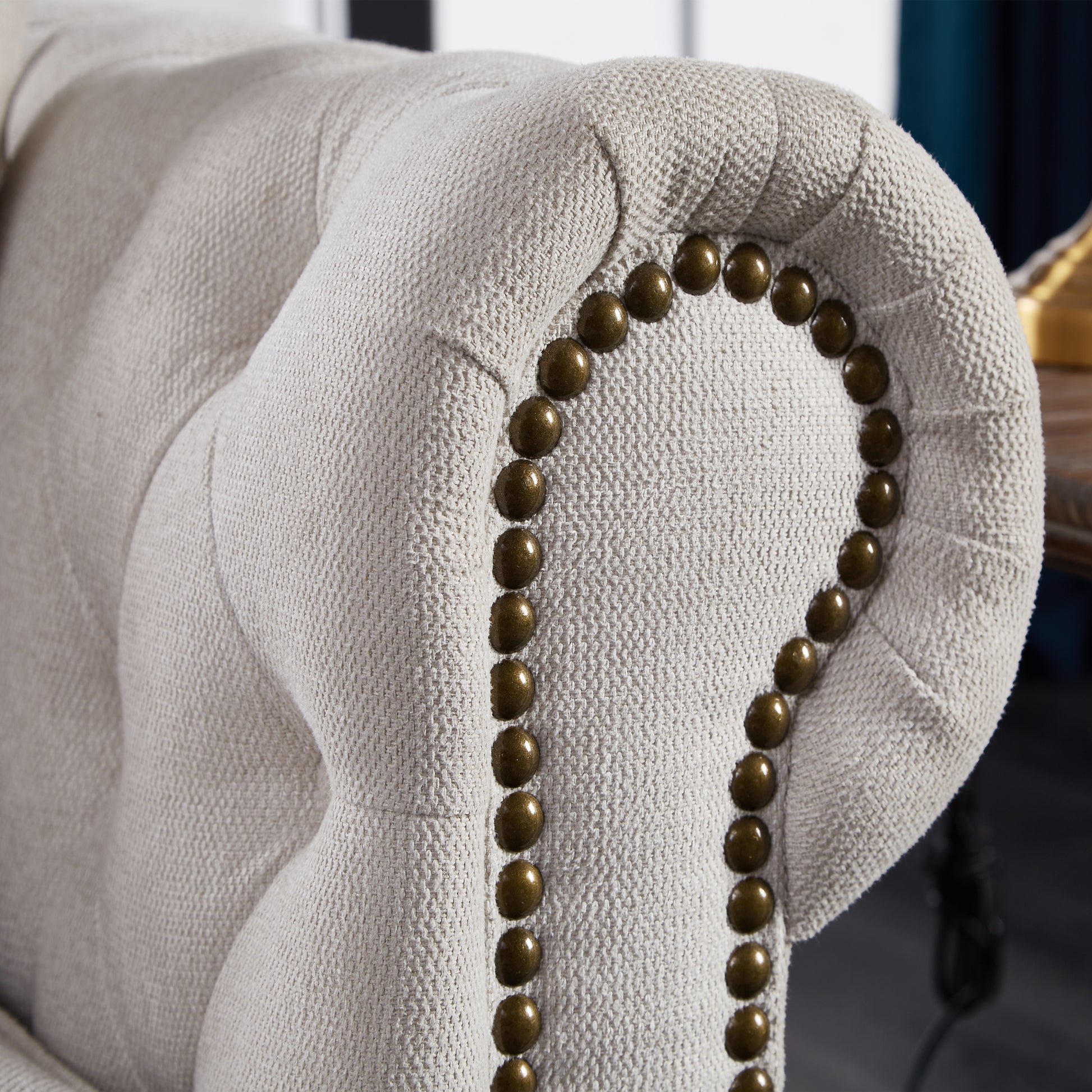 Chesterfield Sofa Beige Linen Fabric Beige Beige Foam Fabric