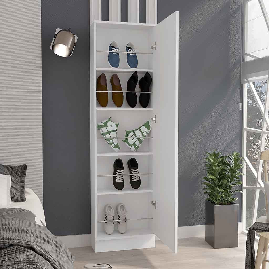 Leto Xl Shoe Rack, Mirror, Five Interior Shelves, Single Door Cabinet White White Primary Living Space Modern Shoe Storage Particle Board Particle Board