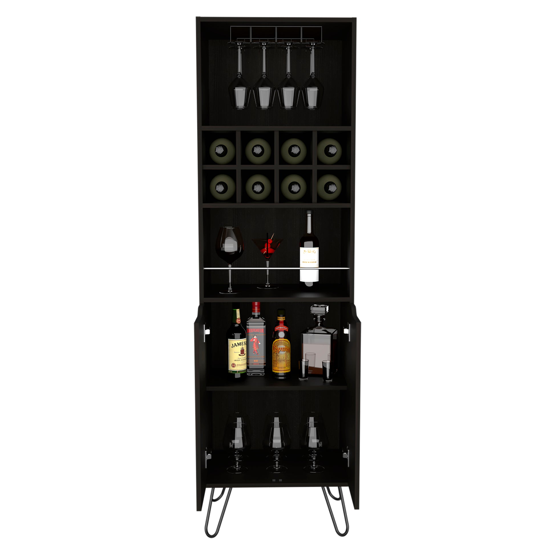 Manhattan Talll Bar Cabinet, Eight Built In Wine Rack, Two Cabinets With Single Door Black Black Particle Board Particle Board