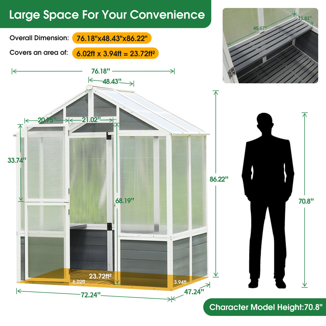 Greenhouse, Wooden Greenhouse Polycarbonate Garden Shed For Plants, 76''X48''X86'' Walk In Outdoor Plant Gardening Greenhouse For Patio Backyard Lawn, Grow House With Front Entry Door White Gray Garden & Outdoor Wood Glass