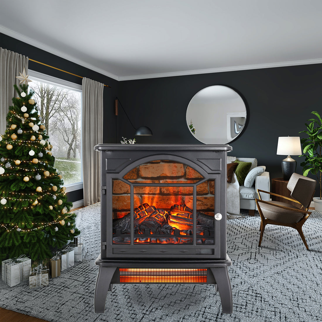 18 Inch 3D Flame Electric Infrared Quartz Fireplace Stove With Remote Control Powder Coated Electric Yes Antique Black Vent Free Yes Freestanding Tempered Glass Sheet Metal Electric