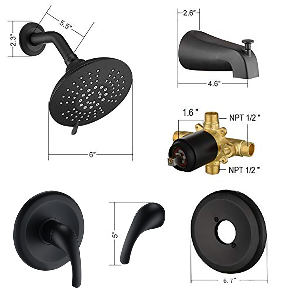 Single Handle Tub Spout And 5 Functions Shower Head Set Valve Included Matte Black Brass