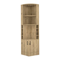 Syrah Corner Bar Cabinet, Eight Bottle Cubbies, Double Door, Two Open Shelves Old Pine Particle Board