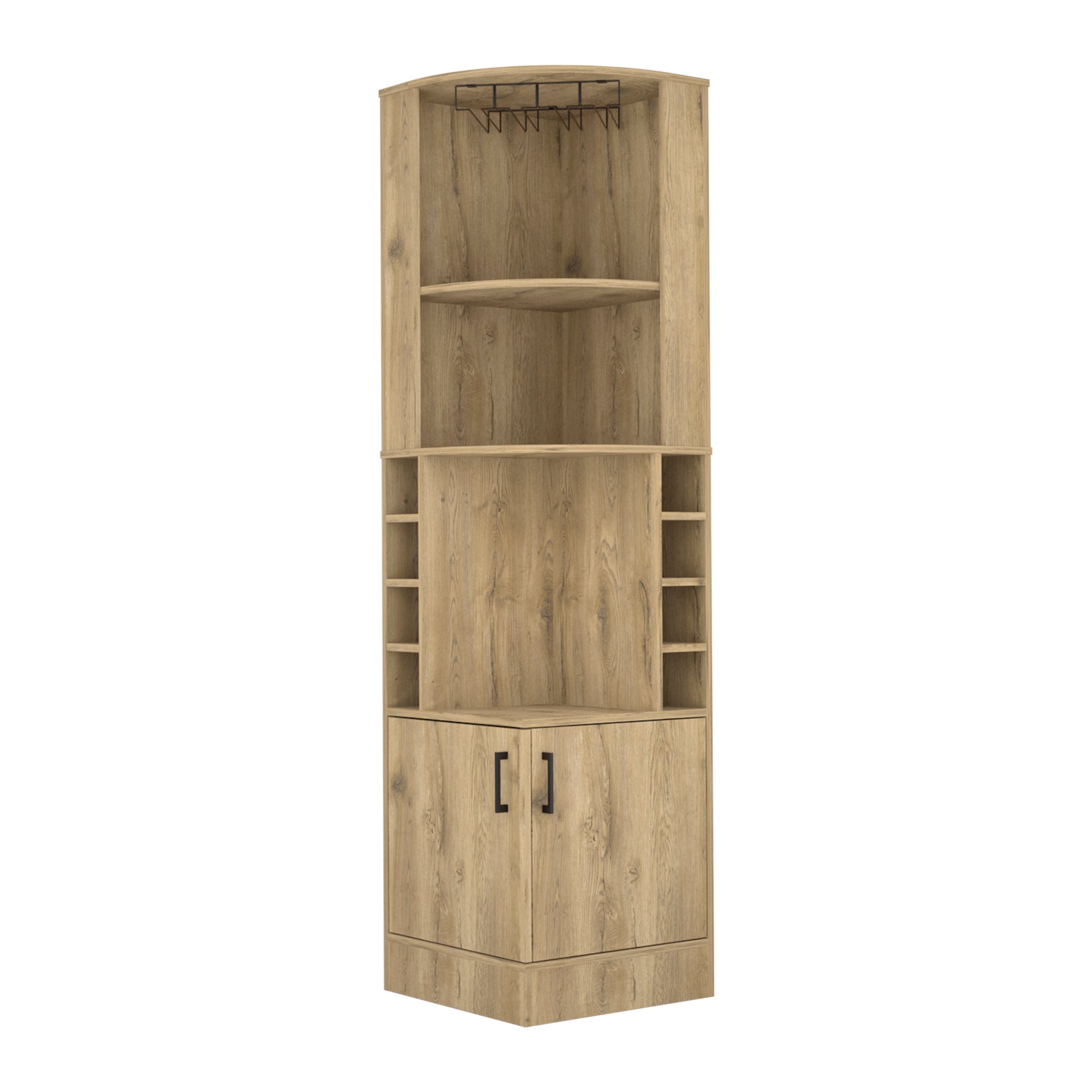 Syrah Corner Bar Cabinet, Eight Bottle Cubbies, Double Door, Two Open Shelves Macadamia Mahogany Particle Board