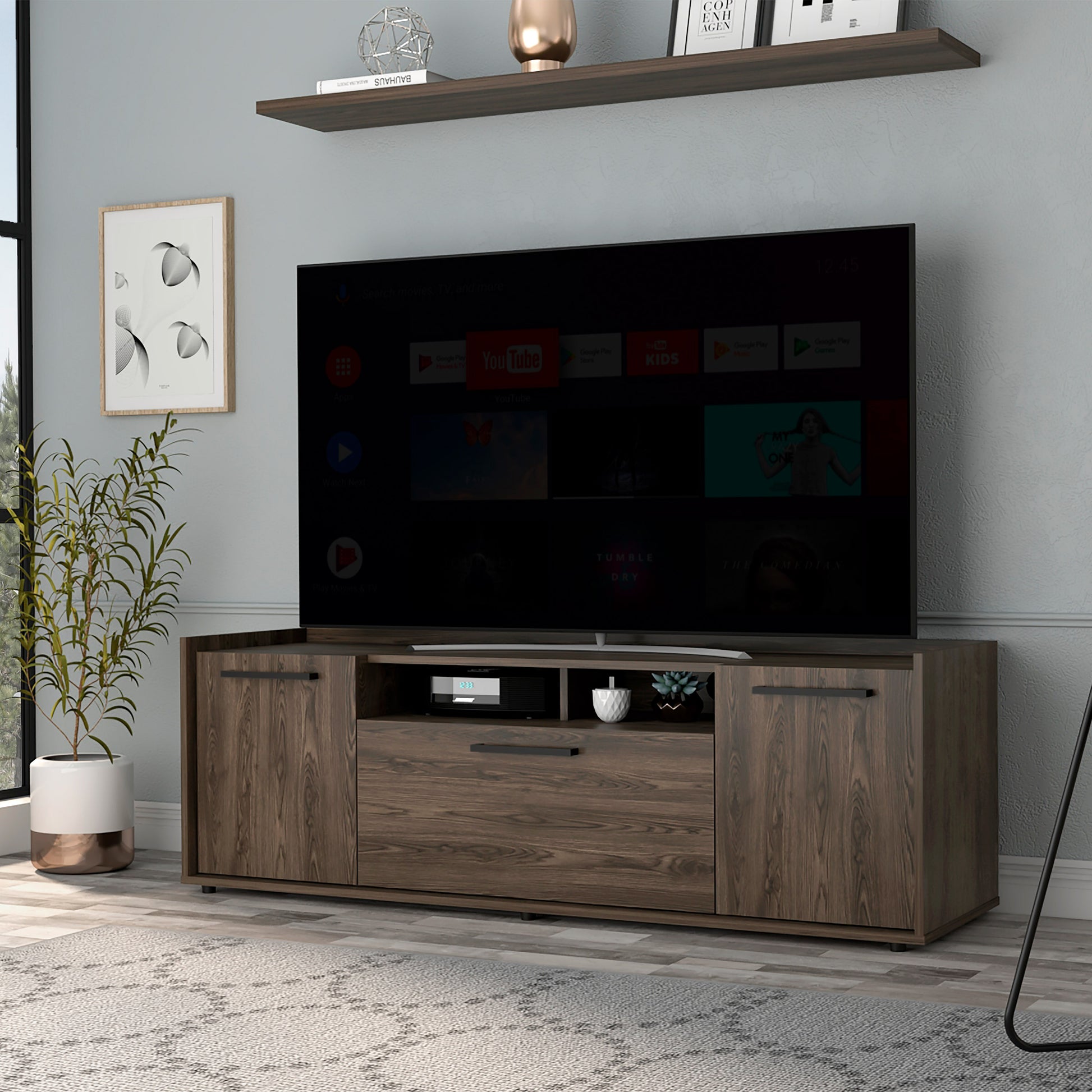 Lyon Tv Stand For Tv S Up 55", One Cabinet, Double Door Dark Walnut Brown Primary Living Space 50 59 Inches 50 59 Inches Modern 55 Inches Particle Board Particle Board