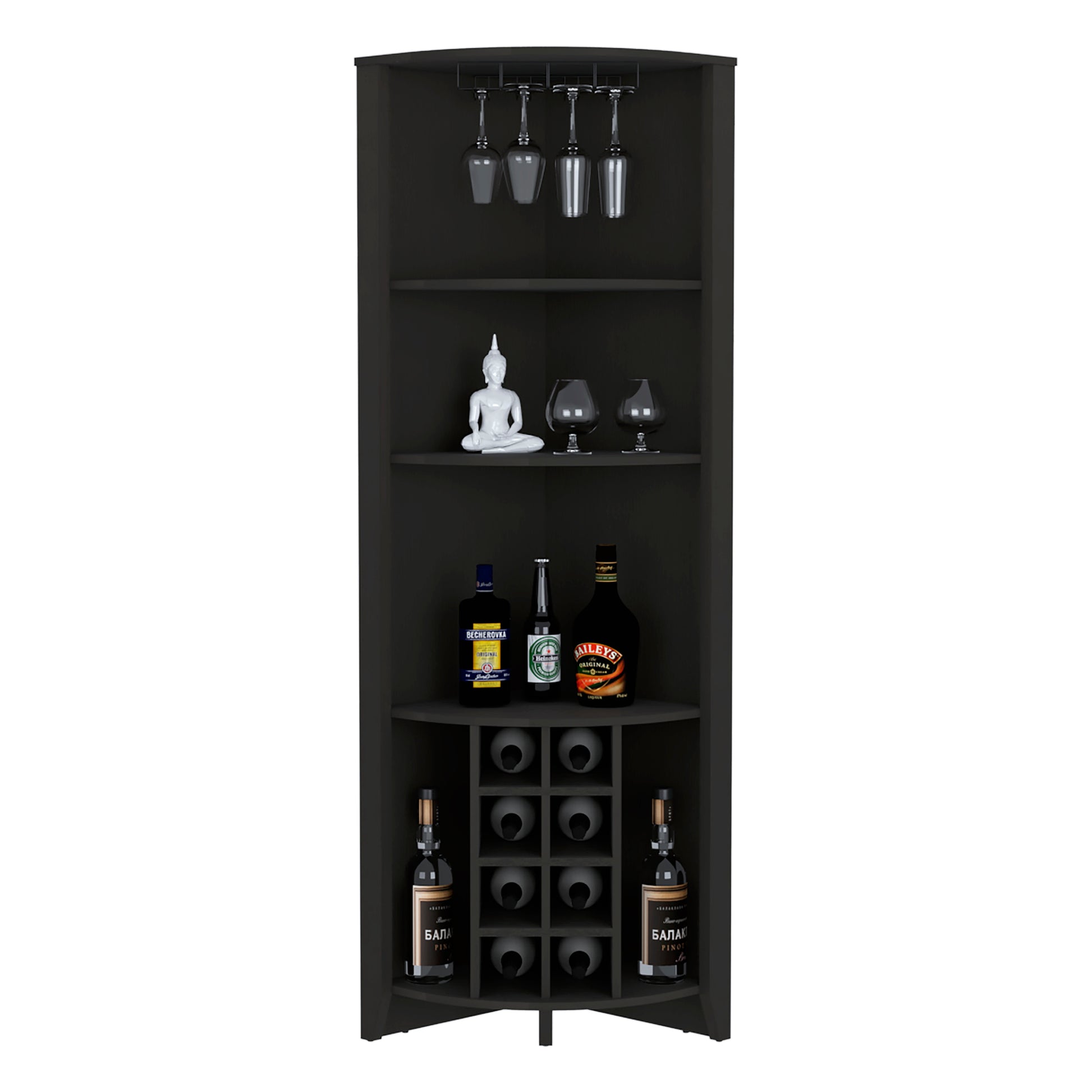 Essential Corner Bar Cabinetthree Shelves, Eight Built In Wine Rack, Two Side Shelves Black Black Dining Room Modern Shelves Included Particle Board