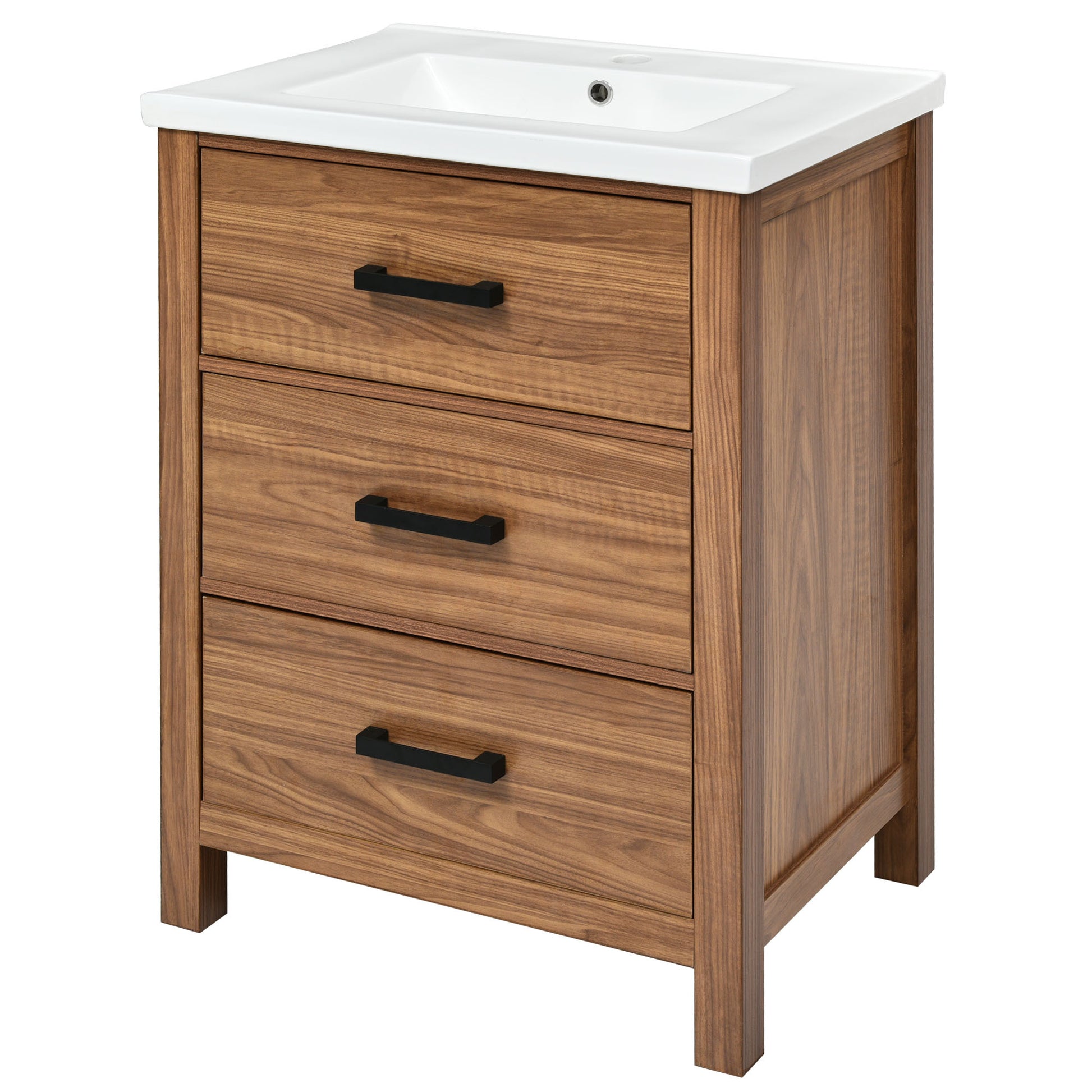 24'' Bathroom Vanity With Ceramic Basin Sink, Modern Bathroom Storage Cabinet With 3 Drawers, Freestanding Bathroom Vanity Cabinet With Single Sink 3 Natural Wood Adjustable Hinges Modern Mdf