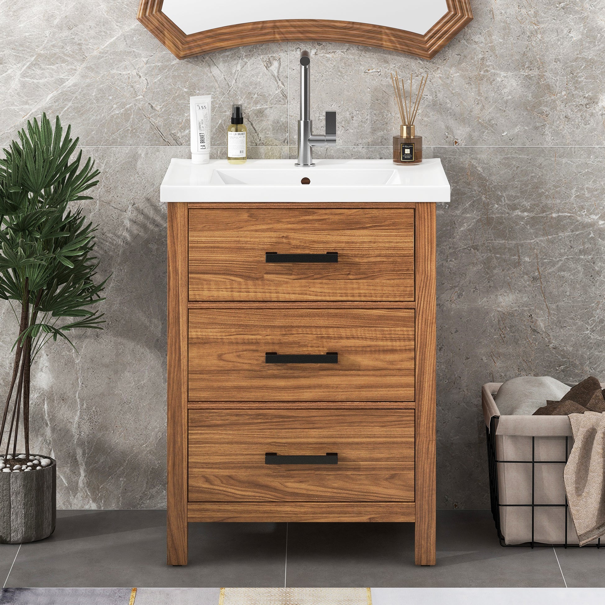 24'' Bathroom Vanity With Ceramic Basin Sink, Modern Bathroom Storage Cabinet With 3 Drawers, Freestanding Bathroom Vanity Cabinet With Single Sink 3 Natural Wood Adjustable Hinges Modern Mdf