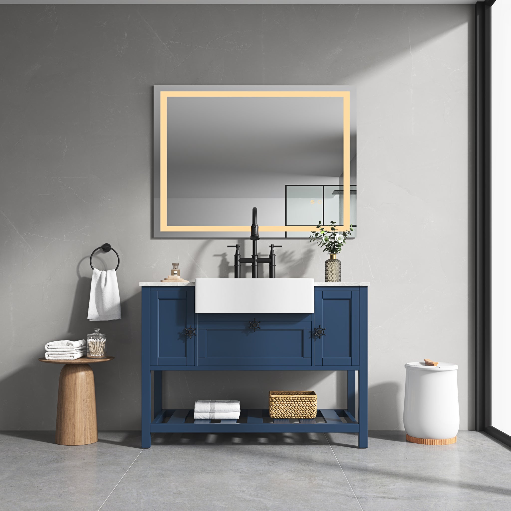 Led Bathroom Mirror 48 "X 36 " With Front And Backlight, Large Dimmable Wall Mirrors With Anti Fog, Memory, 3Colors, Led Vanity Mirror White Aluminium