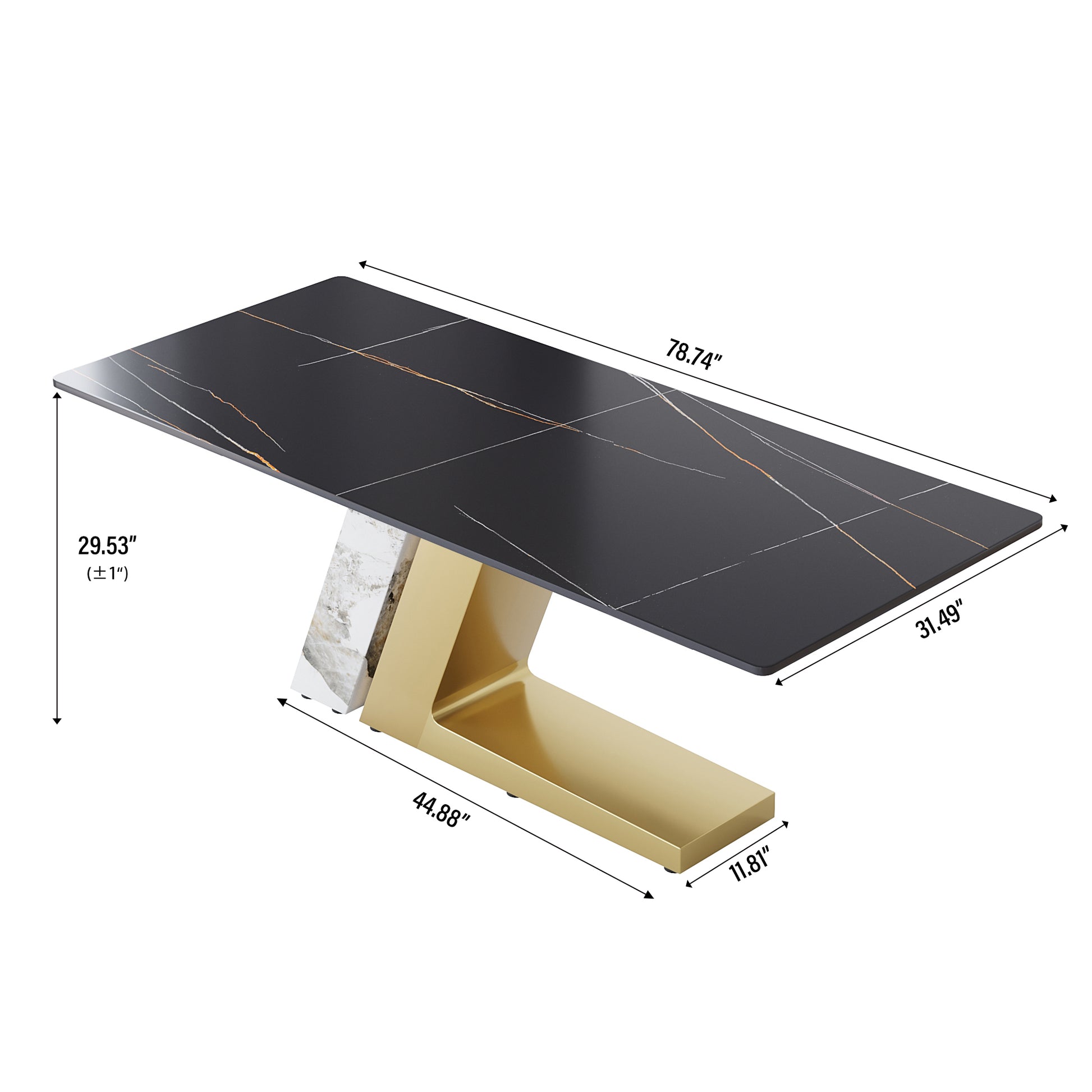 78.74"Modern Artificial Stone Black Straight Panel, Golden White Metal Legs Can Accommodate 8 People. Not Including Chairs Black Dining Room Metal Sintered Stone