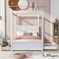 Wood Canopy Bed With Trundle Bed And Two Drawers ,Full Size Canopy Platform Bed With Support Slats .No Box Spring Needed, Brushed White White Solid Wood Mdf