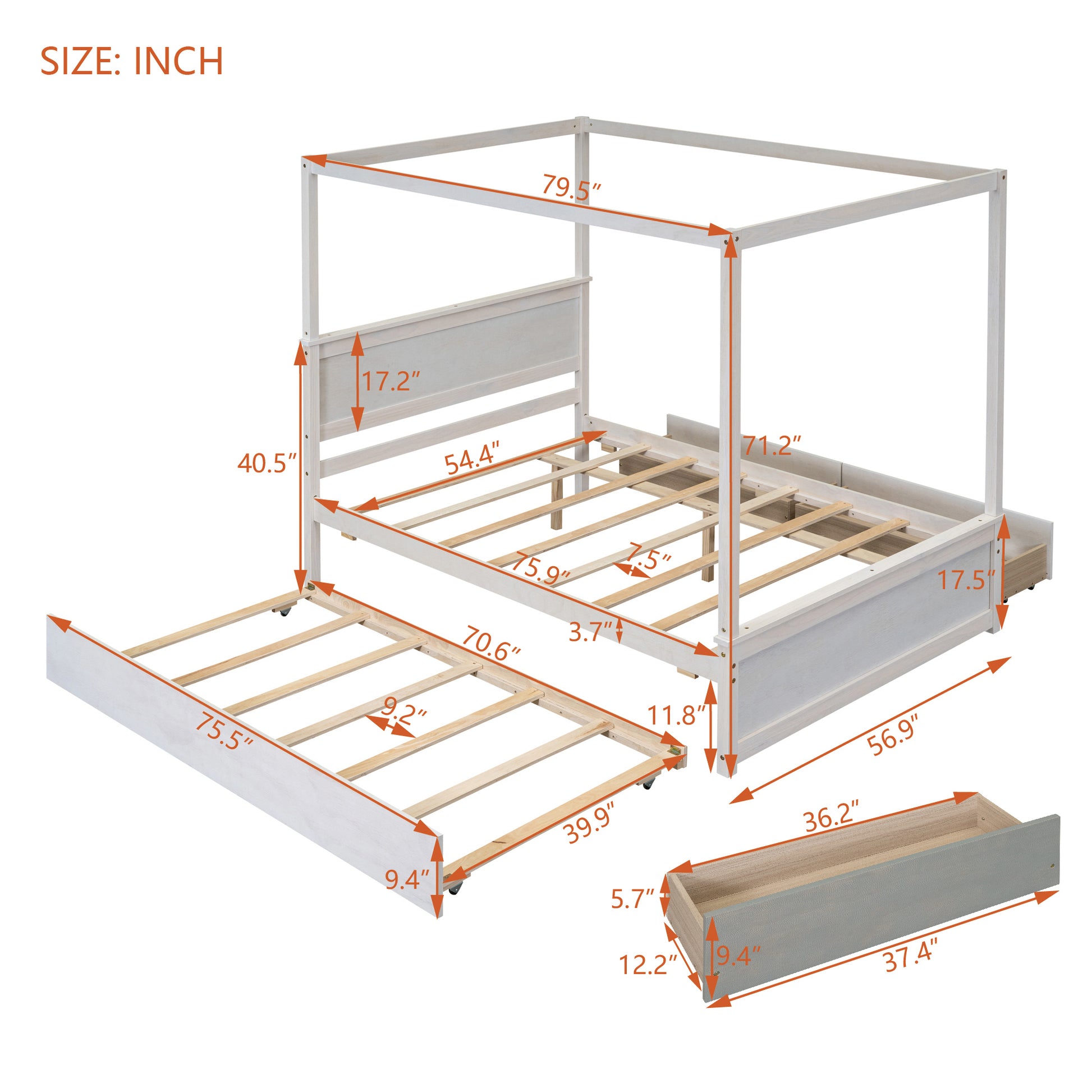 Wood Canopy Bed With Trundle Bed And Two Drawers ,Full Size Canopy Platform Bed With Support Slats .No Box Spring Needed, Brushed White White Solid Wood Mdf