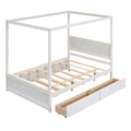 Wood Canopy Bed With Trundle Bed And Two Drawers ,Full Size Canopy Platform Bed With Support Slats .No Box Spring Needed, Brushed White White Solid Wood Mdf