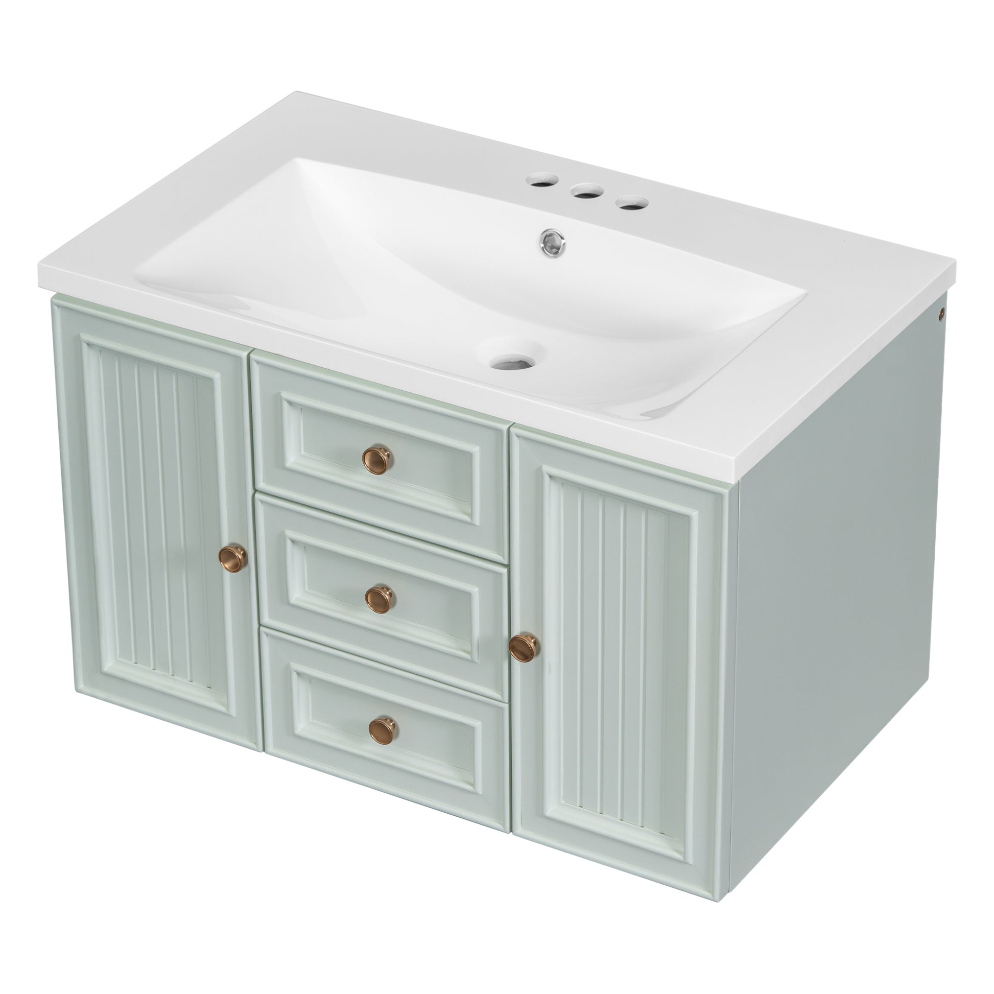 30" Wall Mounted Bathroom Vanity With Sink Combo, Functional Drawer, Solid Wood & Mdf Board & Ceramic, Green Green Solid Wood Mdf