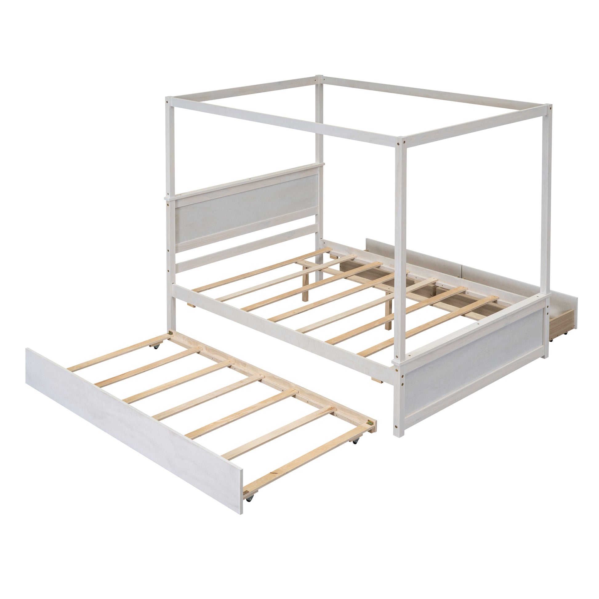 Wood Canopy Bed With Trundle Bed And Two Drawers ,Full Size Canopy Platform Bed With Support Slats .No Box Spring Needed, Brushed White White Solid Wood Mdf