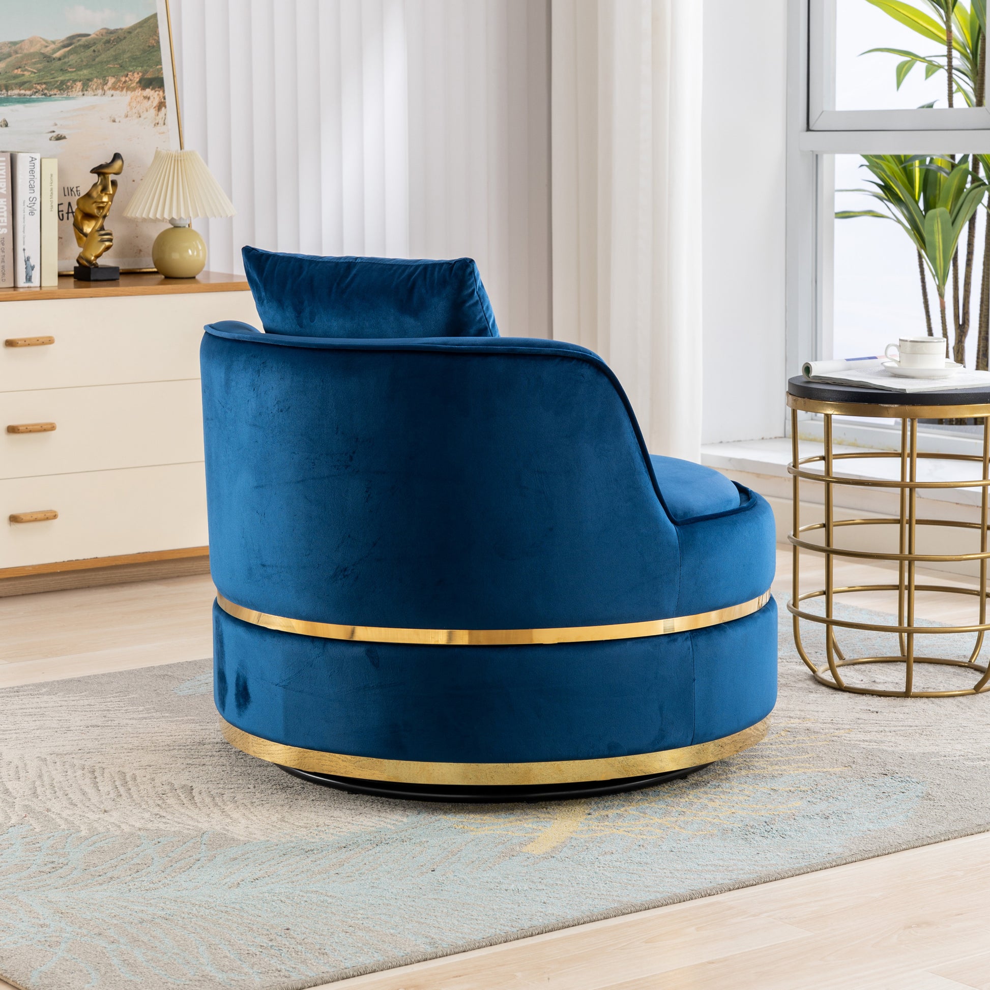 360 Degree Swivel Accent Chair Velvet Modern Upholstered Barrel Chair Over Sized Soft Chair With Seat Cushion For Living Room, Bedroom, Office, Apartment, Blue Blue Foam Velvet