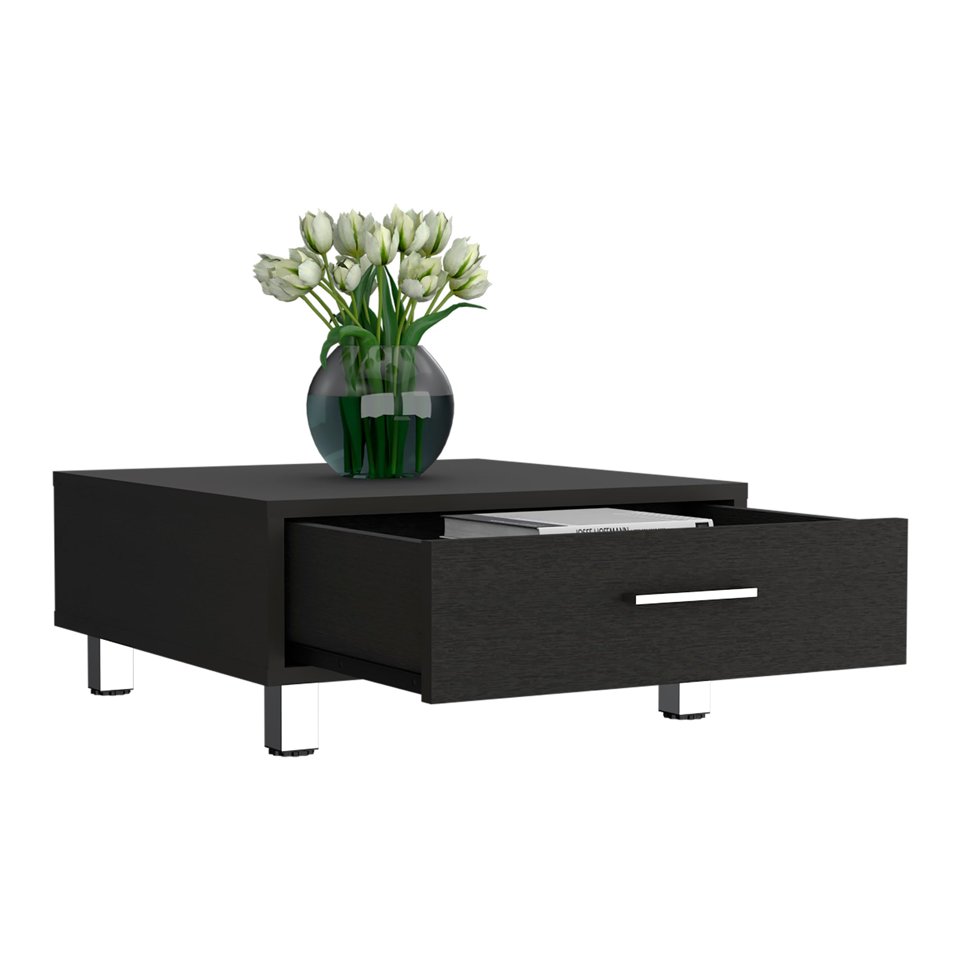 Myers Coffee Table, Four Legs, One Drawer Black Mdf Engineered Wood