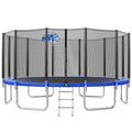 16Ft Trampoline For Kids With Safety Enclosure Net, Basketball Hoop And Ladder, Easy Assembly Round Outdoor Recreational Trampoline Blue Metal