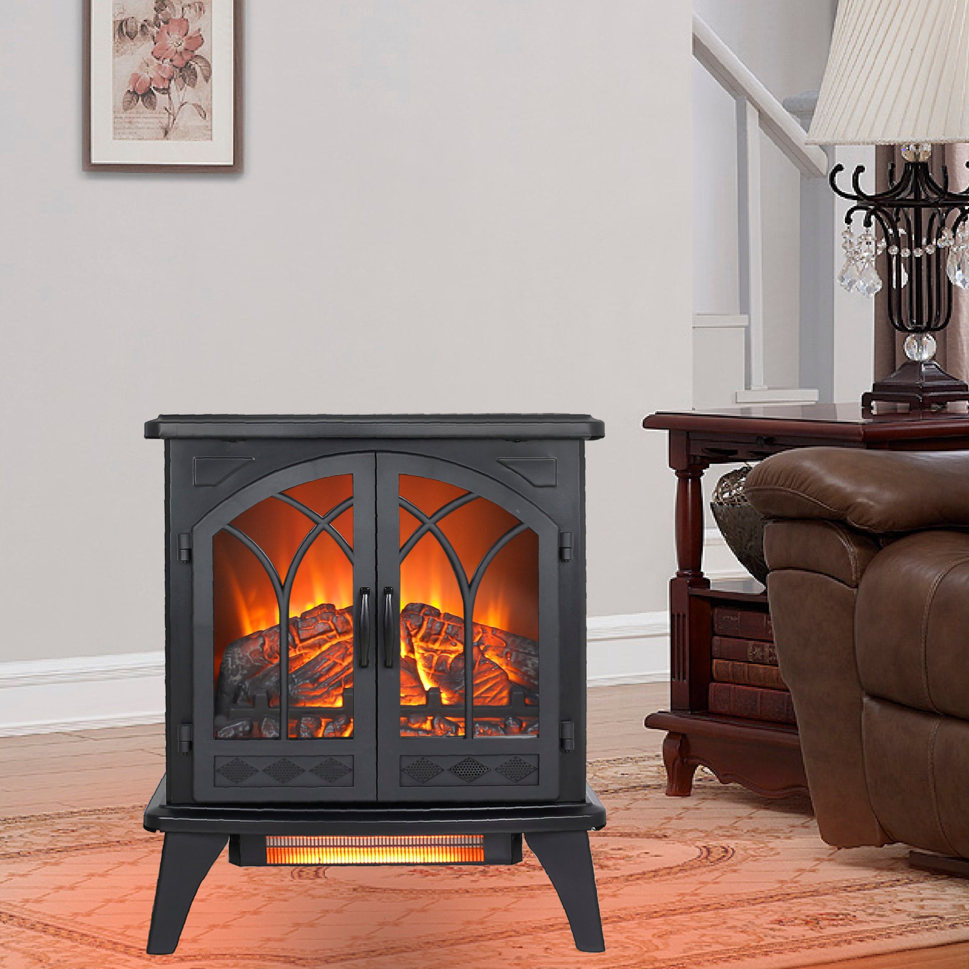 24 Inch 3D Flame Electric Infrared Quartz Fireplace Stove With Remote Control Powder Coated Electric Yes Antique Black Vent Free Yes Freestanding Tempered Glass Sheet Metal Electric