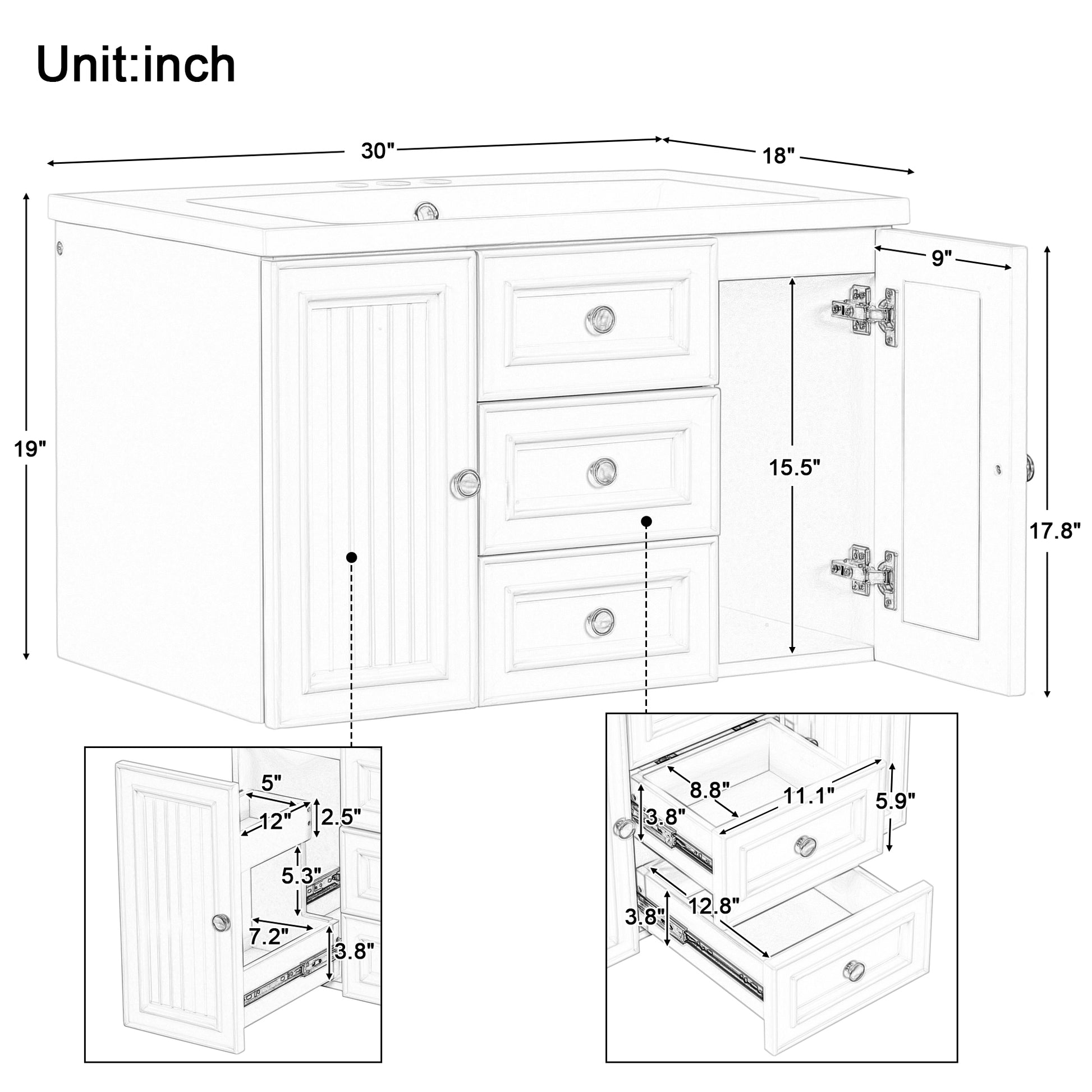 30" Wall Mounted Bathroom Vanity With Sink Combo, Functional Drawer, Solid Wood & Mdf Board & Ceramic, Green Green Solid Wood Mdf