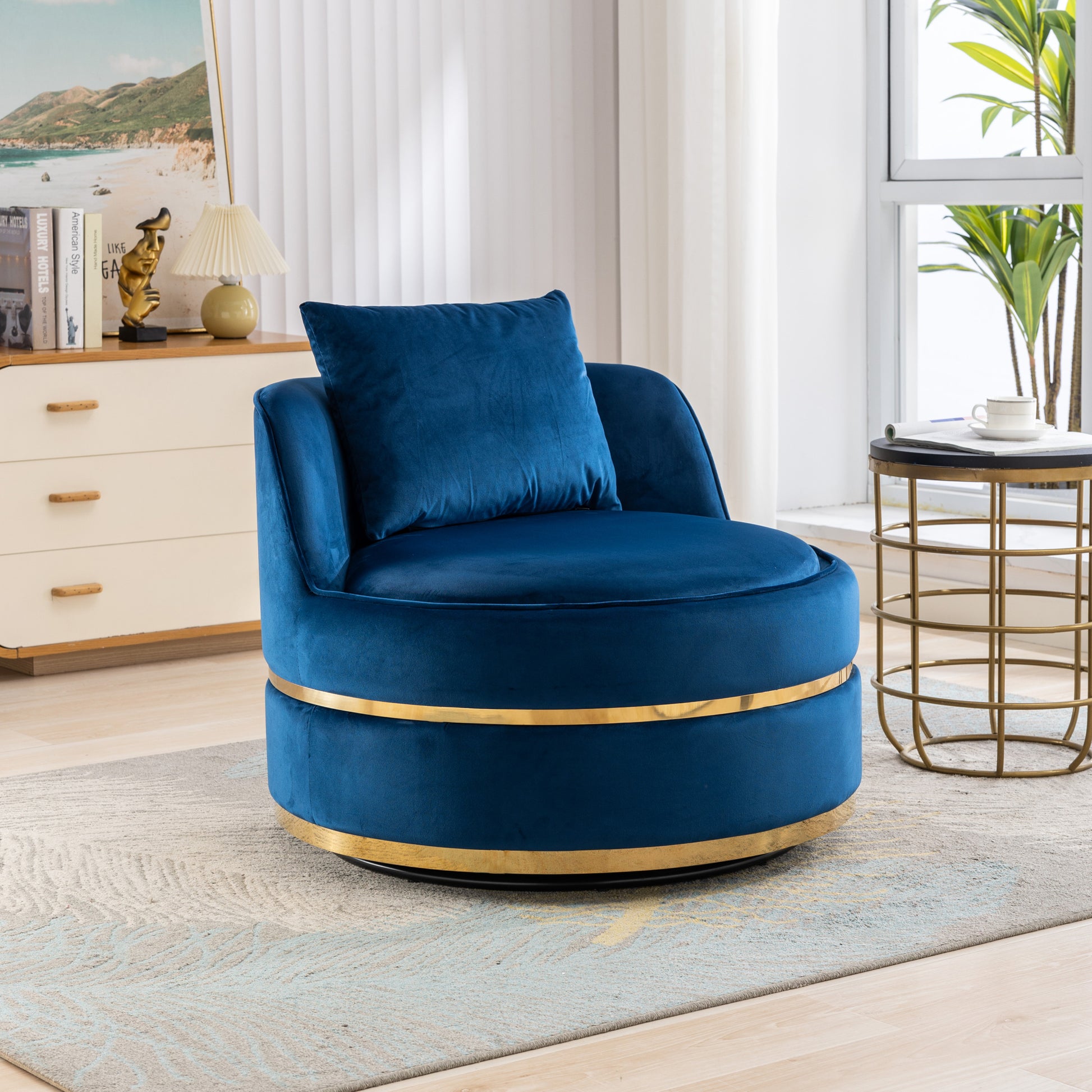 360 Degree Swivel Accent Chair Velvet Modern Upholstered Barrel Chair Over Sized Soft Chair With Seat Cushion For Living Room, Bedroom, Office, Apartment, Blue Blue Foam Velvet