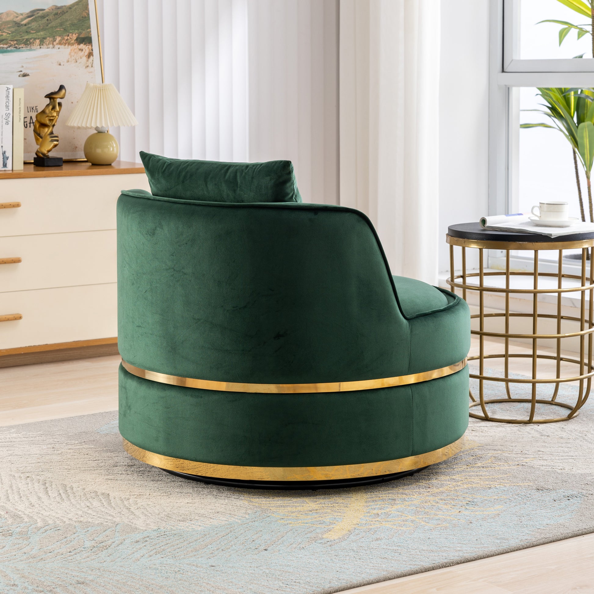 360 Degree Swivel Accent Chair Velvet Modern Upholstered Barrel Chair Over Sized Soft Chair With Seat Cushion For Living Room, Bedroom, Office, Apartment, Green Green Foam Velvet