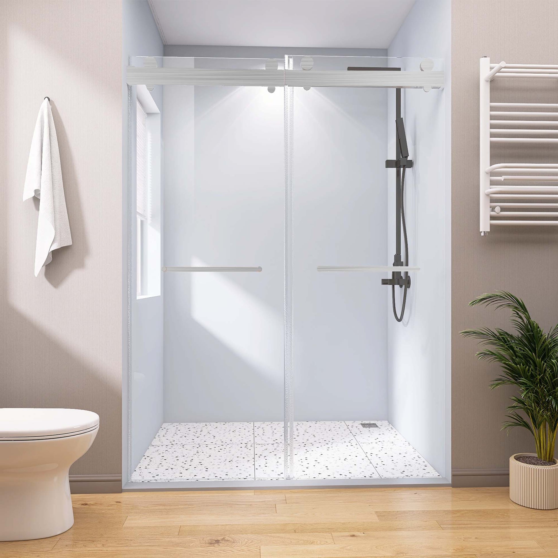 Frameless Double Sliding Shower, 57" 60" Width, 79" Height, 3 8" 10 Mm Clear Tempered Glass,Designed For Smooth Door With Clear Tempered Glass And Stainless Steel Hardware Brushed Nickel Brushed Nickel Glass