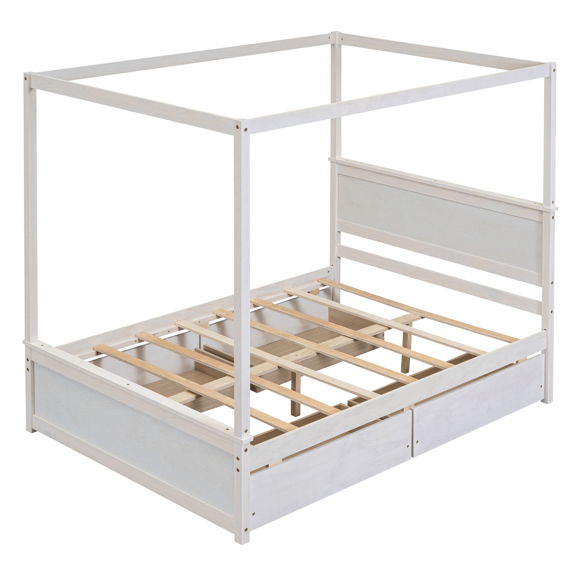 Wood Canopy Bed With Four Drawers ,Full Size Canopy Platform Bed With Support Slats .No Box Spring Needed, Brushed White White Solid Wood Mdf