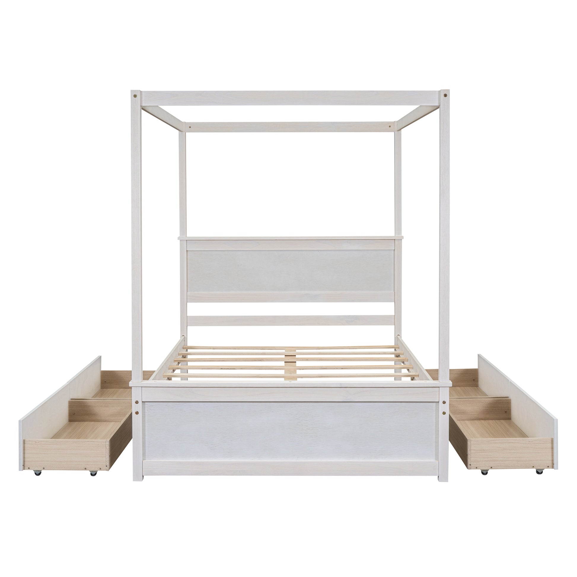 Wood Canopy Bed With Four Drawers ,Full Size Canopy Platform Bed With Support Slats .No Box Spring Needed, Brushed White White Solid Wood Mdf