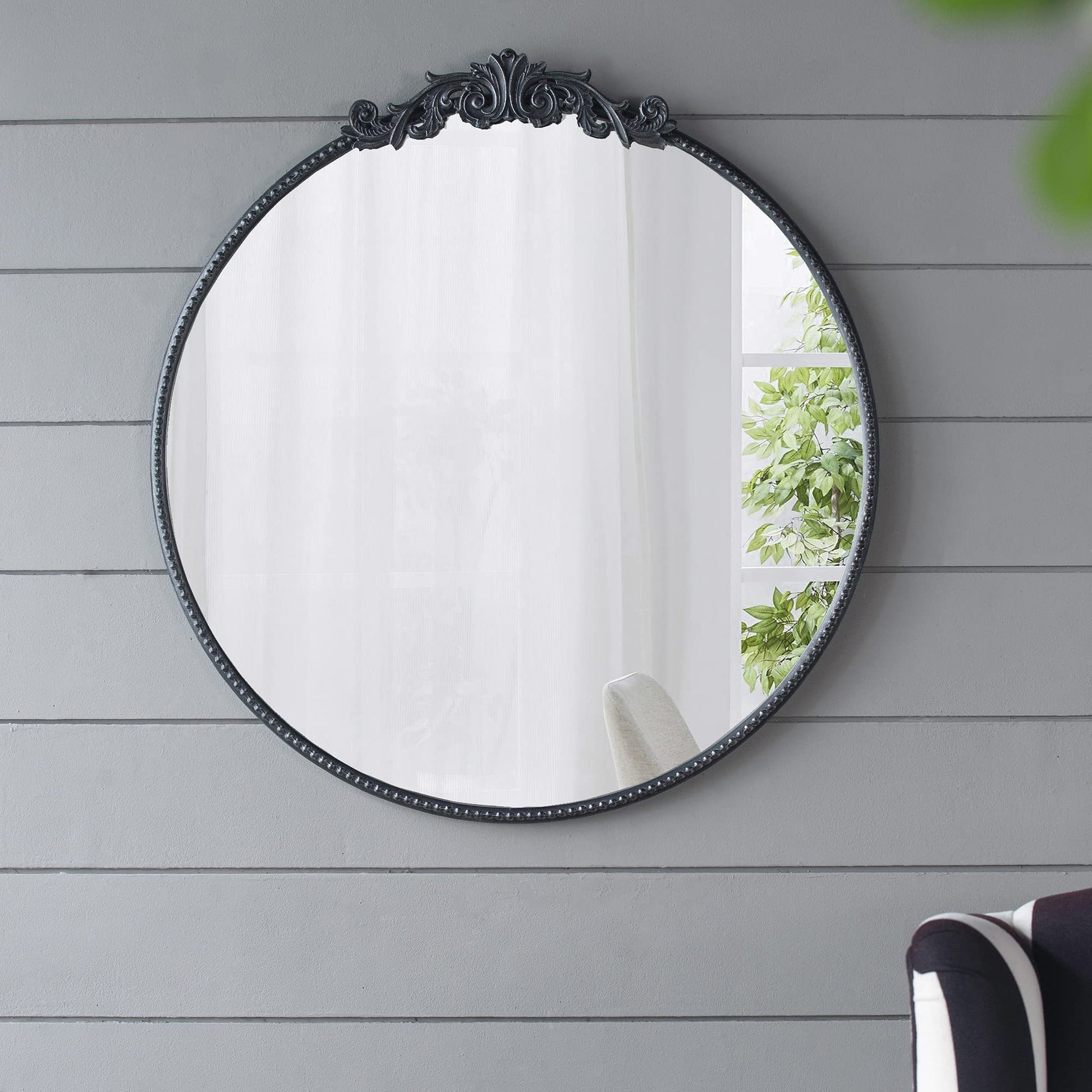 30" X 32" Classic Design Mirror With Round Shape And Baroque Inspired Frame For Bathroom, Entryway Console Lean Against Wall Black Mdf Glass