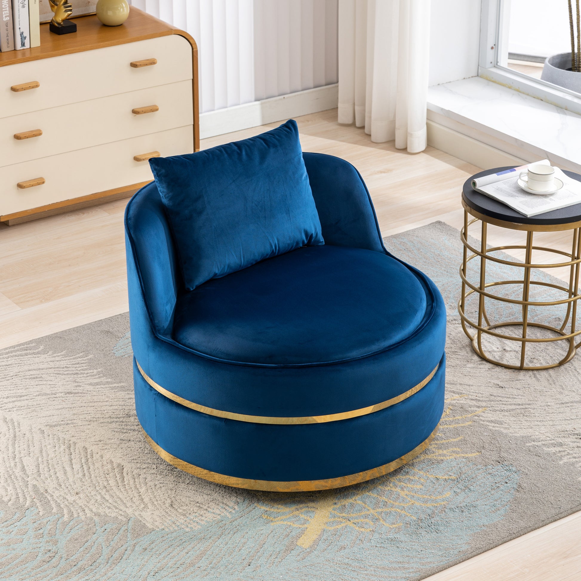 360 Degree Swivel Accent Chair Velvet Modern Upholstered Barrel Chair Over Sized Soft Chair With Seat Cushion For Living Room, Bedroom, Office, Apartment, Blue Blue Foam Velvet