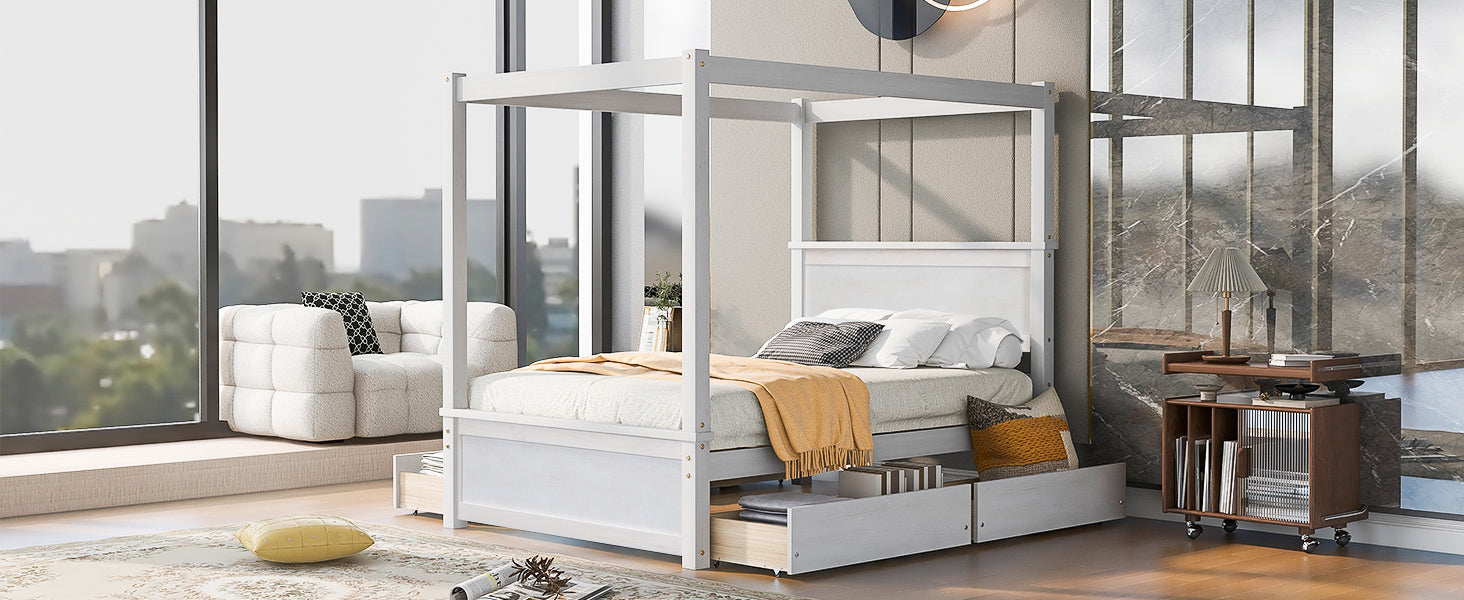 Wood Canopy Bed With Four Drawers ,Full Size Canopy Platform Bed With Support Slats .No Box Spring Needed, Brushed White White Solid Wood Mdf