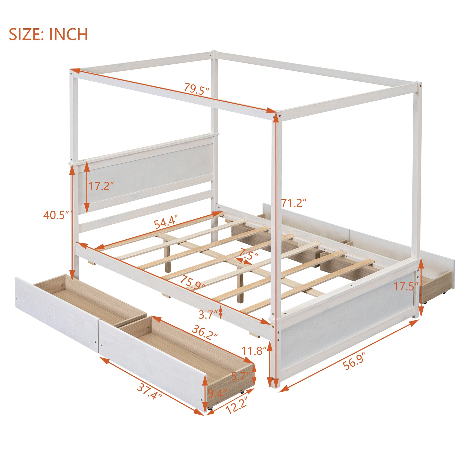 Wood Canopy Bed With Four Drawers ,Full Size Canopy Platform Bed With Support Slats .No Box Spring Needed, Brushed White White Solid Wood Mdf