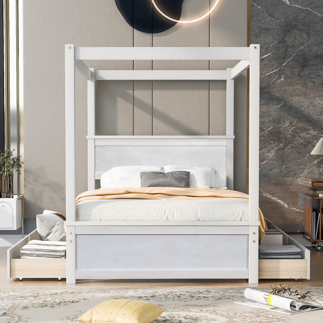 Wood Canopy Bed With Four Drawers ,Full Size Canopy Platform Bed With Support Slats .No Box Spring Needed, Brushed White White Solid Wood Mdf