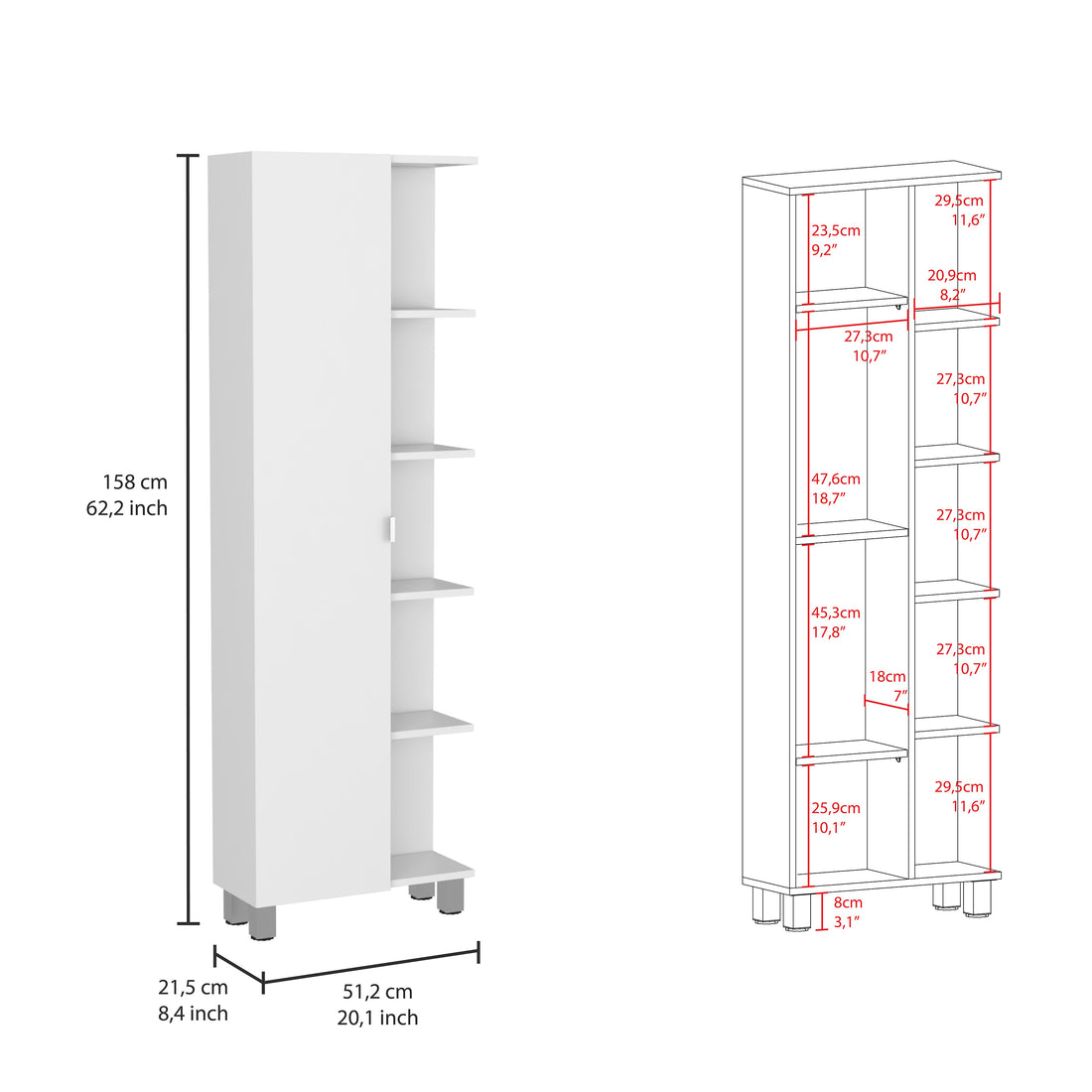 Urano Corner Linen Cabinet, Five External Shelves, Single Door, Four Interior Shelves White White 1 5 Bathroom Freestanding Modern Particle Board Particle Board