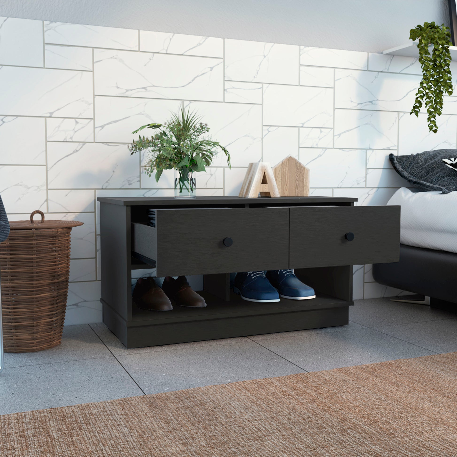 Hamilton Storage Bench, Two Open Shelves, Two Drawers Black Black Primary Living Space Modern Shelves Particle Board Particle Board