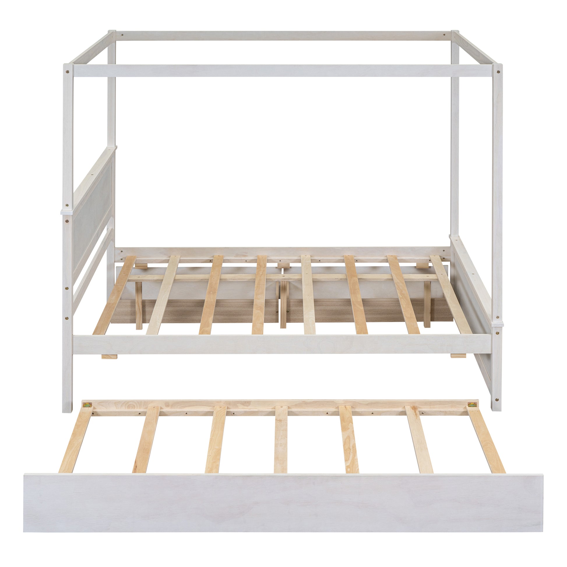 Wood Canopy Bed With Trundle Bed And Two Drawers ,Full Size Canopy Platform Bed With Support Slats .No Box Spring Needed, Brushed White White Solid Wood Mdf