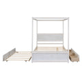 Wood Canopy Bed With Trundle Bed And Two Drawers ,Full Size Canopy Platform Bed With Support Slats .No Box Spring Needed, Brushed White White Solid Wood Mdf