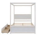 Wood Canopy Bed With Two Drawers, Full Size Canopy Platform Bed With Support Slats .No Box Spring Needed, Brushed White White Solid Wood Mdf