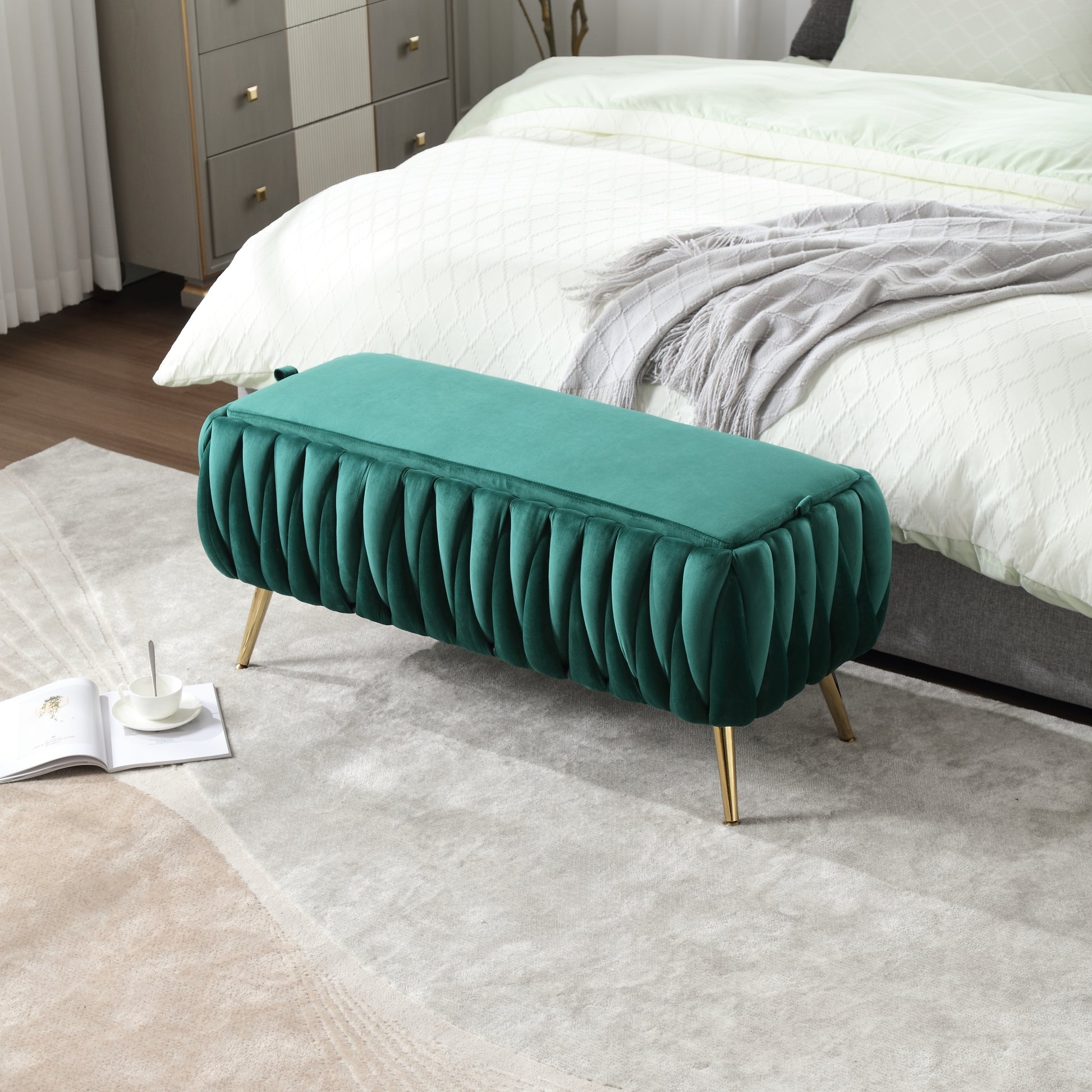 Coolmore Storage Ottoman,Bedroom End Bench,Upholstered Fabric Storage Ottoman With Safety Hinge, Entryway Padded Footstool, Ottoman Bench For Living Room & Bedroom Emerald Velvet