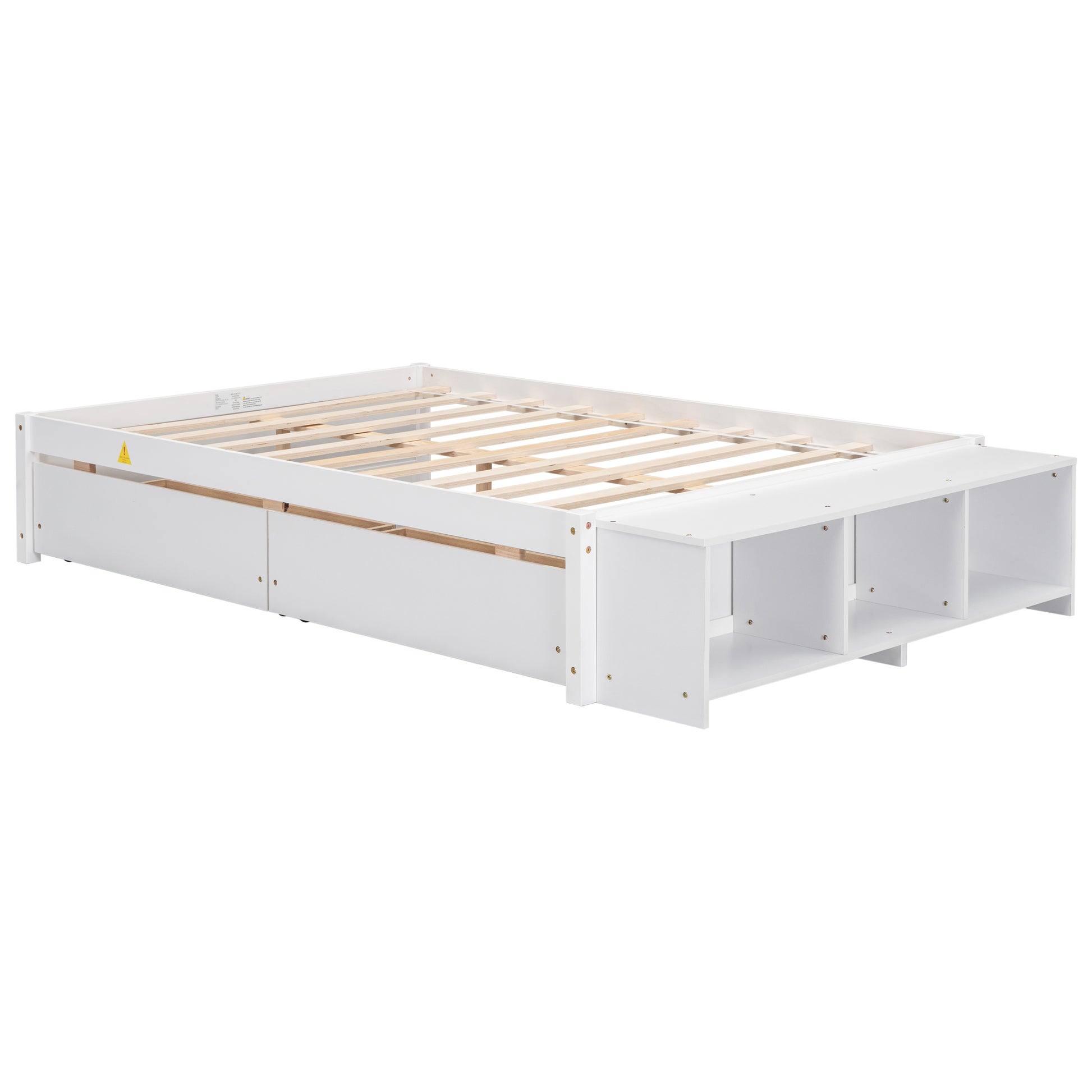 Full Size Bed With Storage Case, 2 Storage Drawers, Lengthwise Support Slat,White Full White Wood Bedroom American Design Pine Pine