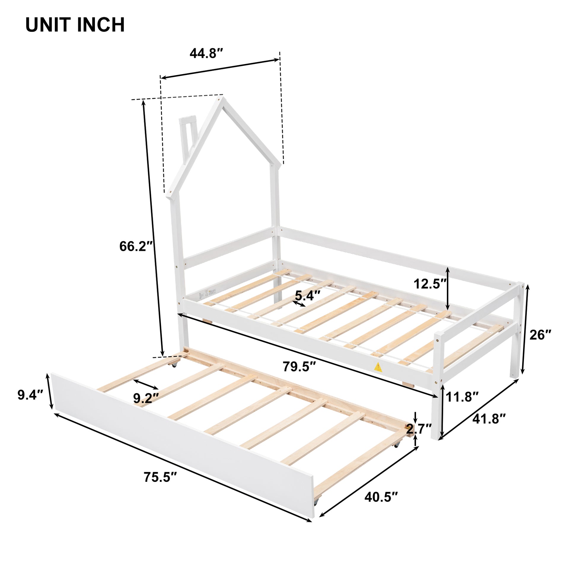 Twin House Wooden Daybed With Trundle, Twin House Shaped Headboard Bed With Guardrails,White Twin White Wood Bedroom American Design Pine Pine