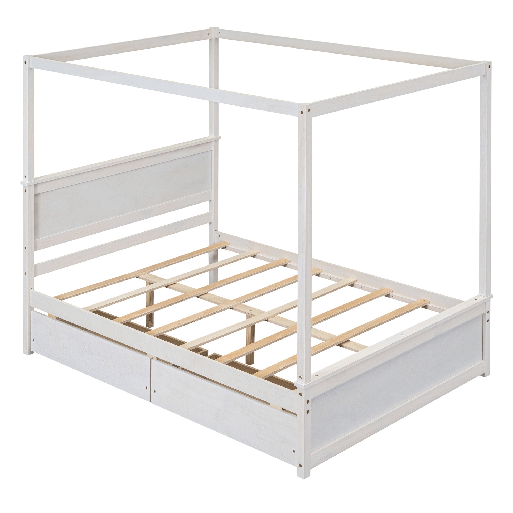 Wood Canopy Bed With Two Drawers, Full Size Canopy Platform Bed With Support Slats .No Box Spring Needed, Brushed White White Solid Wood Mdf