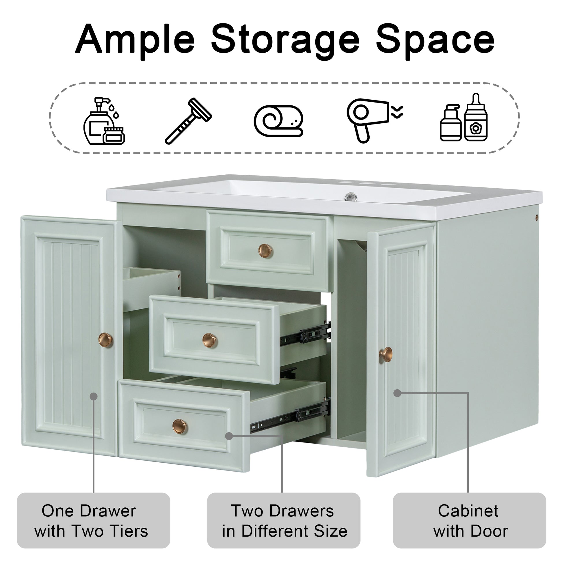 30" Wall Mounted Bathroom Vanity With Sink Combo, Functional Drawer, Solid Wood & Mdf Board & Ceramic, Green Green Solid Wood Mdf