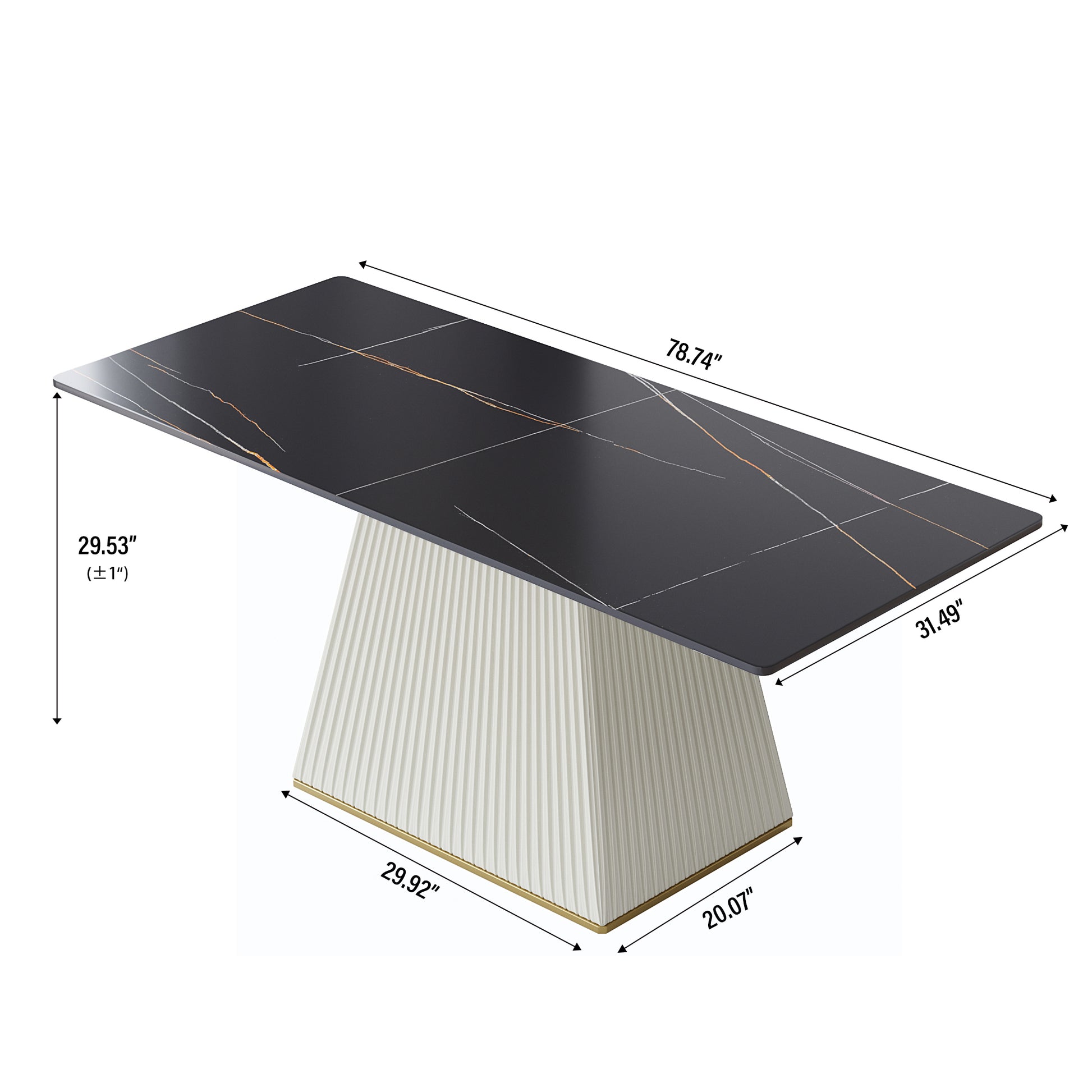 78.74" Modern Artificial Stone Black Straight Side Panel Beige Pu Plywood Table Legs Can Accommodate 8 People. Black Dining Room Plywood Sintered Stone