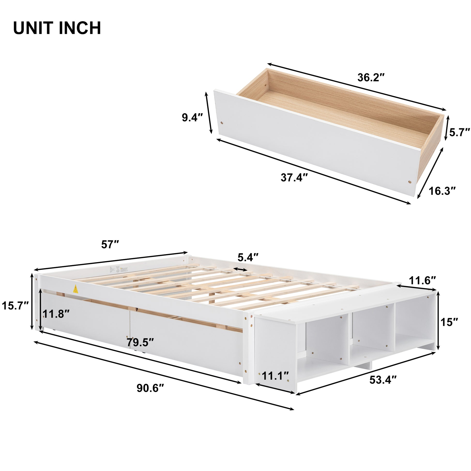 Full Size Bed With Storage Case, 2 Storage Drawers, Lengthwise Support Slat,White Full White Wood Bedroom American Design Pine Pine