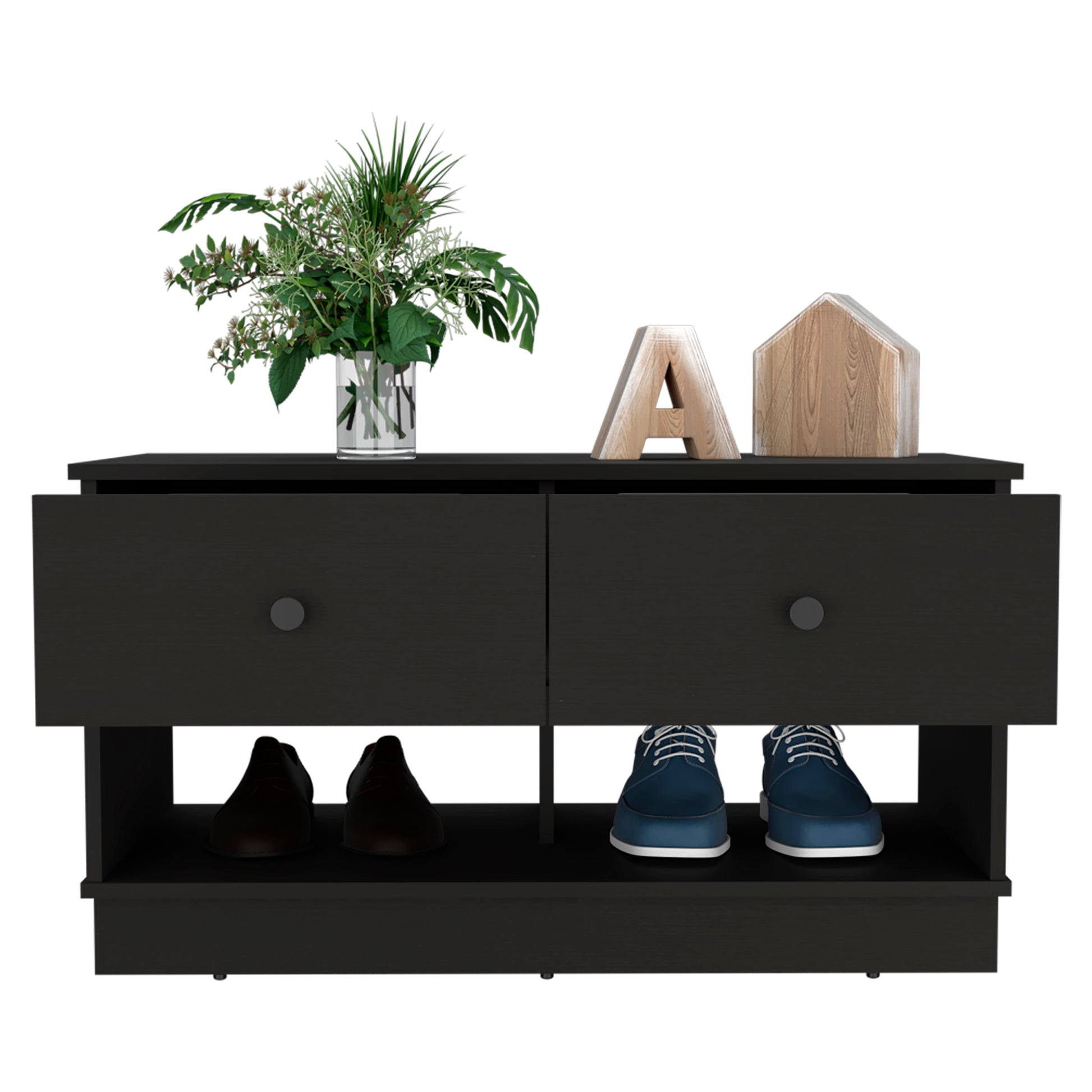 Hamilton Storage Bench, Two Open Shelves, Two Drawers Black Black Primary Living Space Modern Shelves Particle Board Particle Board