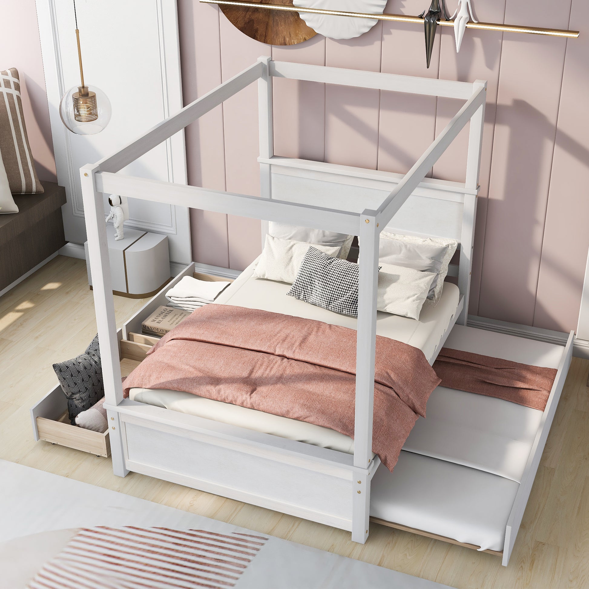 Wood Canopy Bed With Trundle Bed And Two Drawers ,Full Size Canopy Platform Bed With Support Slats .No Box Spring Needed, Brushed White White Solid Wood Mdf