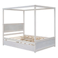 Wood Canopy Bed With Trundle Bed And Two Drawers ,Full Size Canopy Platform Bed With Support Slats .No Box Spring Needed, Brushed White White Solid Wood Mdf